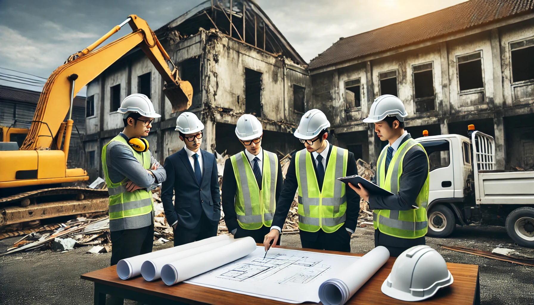 DALL·E 2024-12-16 18.29.47 - A scene depicting a professional consultation and assessment for a building demolition process. The image shows a team of engineers and consultants we DALL·E 2024-12-16 18.29.47 - A scene depicting a professional consultation and assessment for a building demolition process. The image shows a team of engineers and consultants we