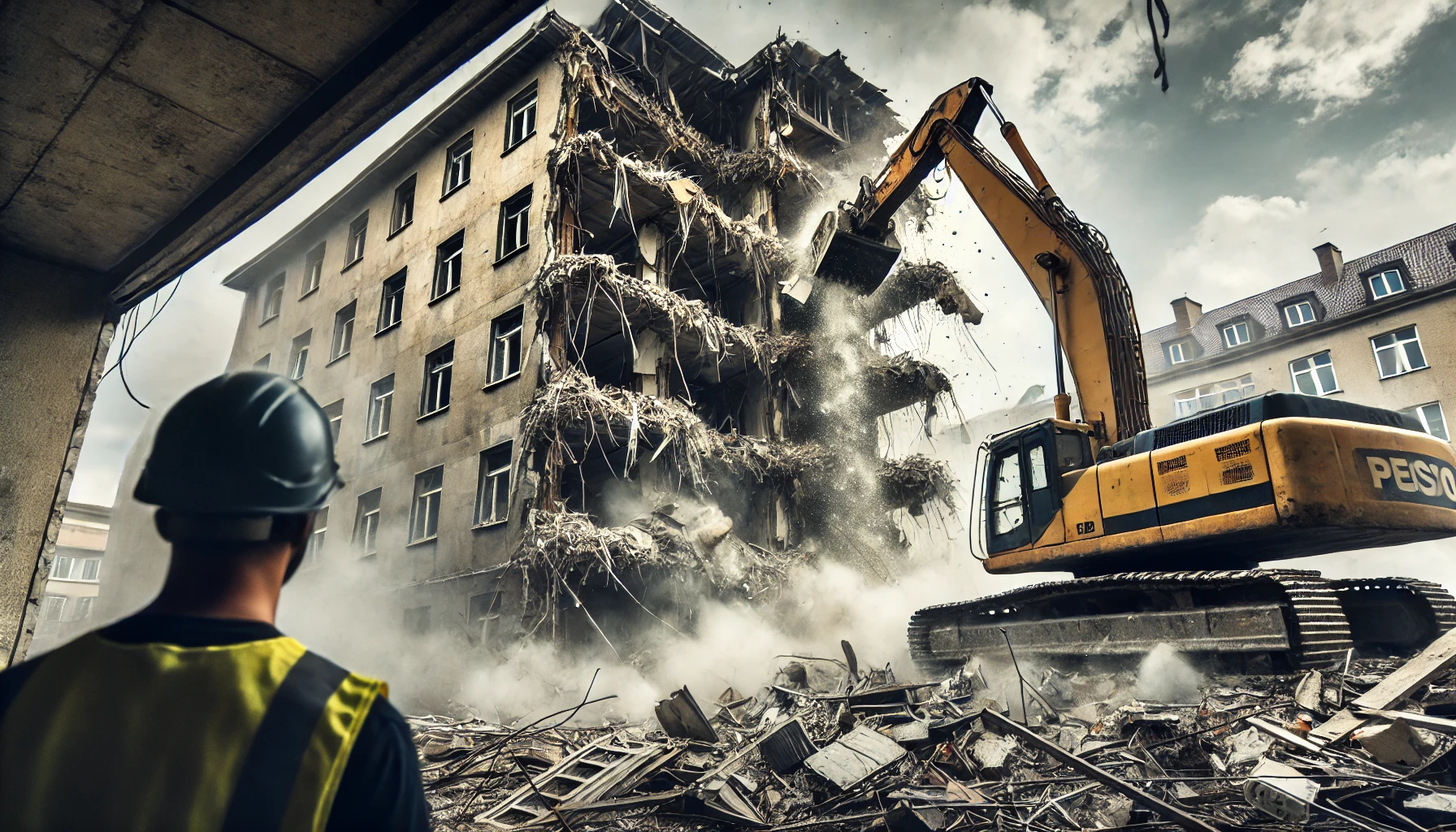 DALL·E 2024-12-16 18.45.26 - A dramatic scene showing a demolition process in progress. An old multi-story building is partially collapsed, with a large excavator using its arm to DALL·E 2024-12-16 18.45.26 - A dramatic scene showing a demolition process in progress. An old multi-story building is partially collapsed, with a large excavator using its arm to
