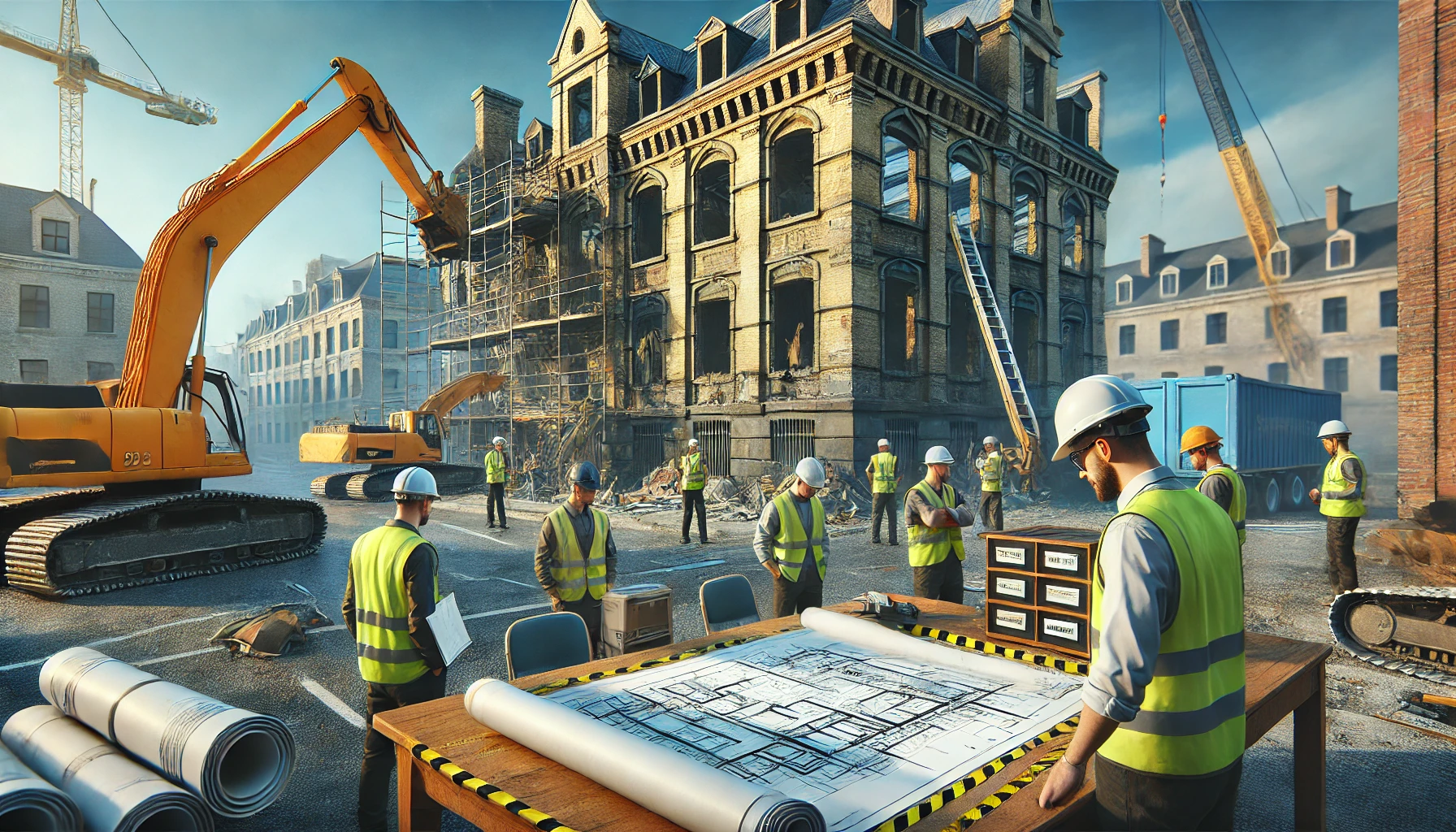 DALL·E 2024-12-16 18.48.56 - A detailed scene depicting the preparation process for a building demolition. Engineers and construction workers wearing safety helmets and reflective DALL·E 2024-12-16 18.48.56 - A detailed scene depicting the preparation process for a building demolition. Engineers and construction workers wearing safety helmets and reflective