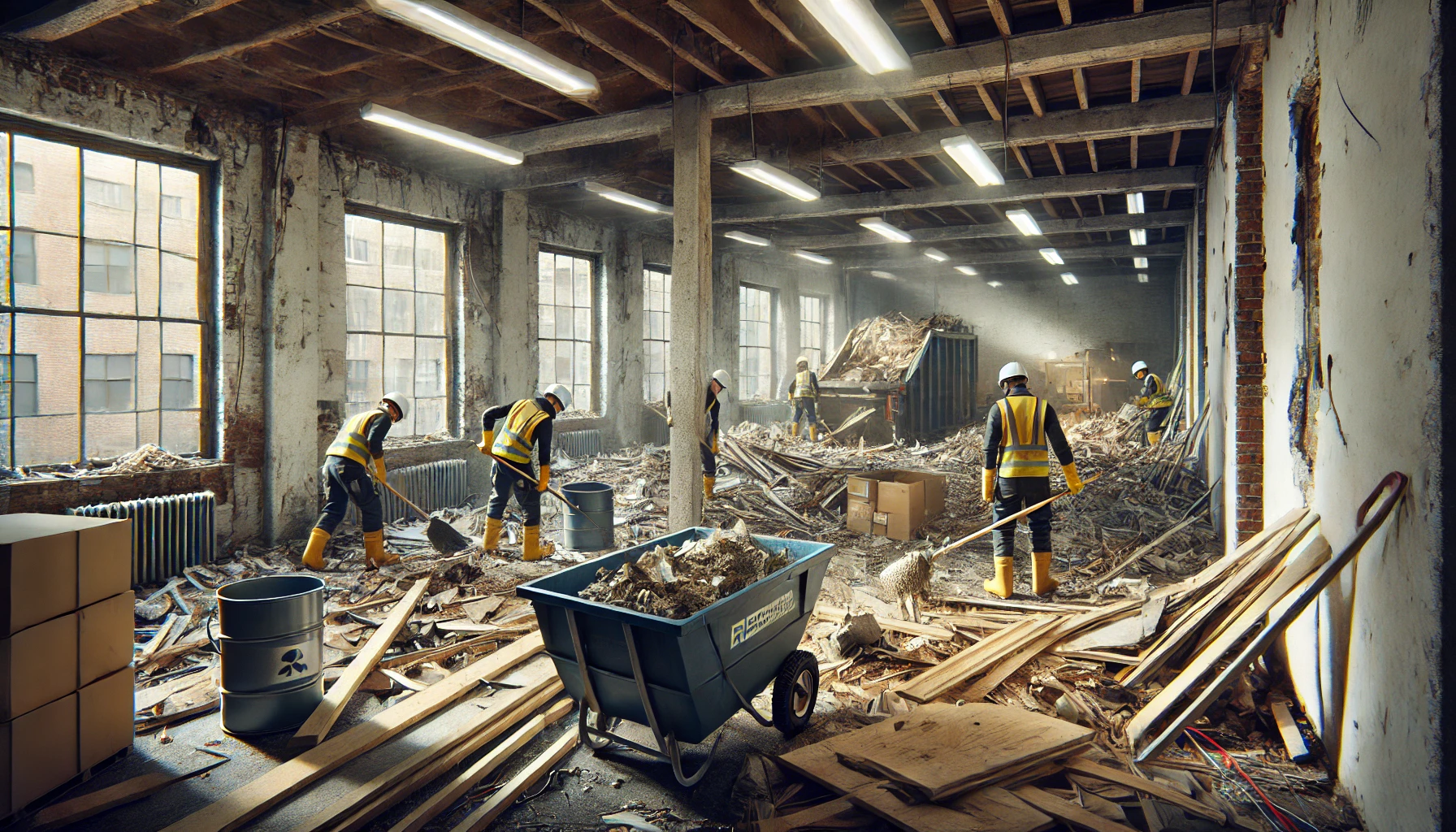 DALL·E 2024-12-16 19.16.10 - A realistic depiction of a demolition cleanup process in a room. The room has exposed brick walls and debris scattered on the floor, including broken DALL·E 2024-12-16 19.16.10 - A realistic depiction of a demolition cleanup process in a room. The room has exposed brick walls and debris scattered on the floor, including broken