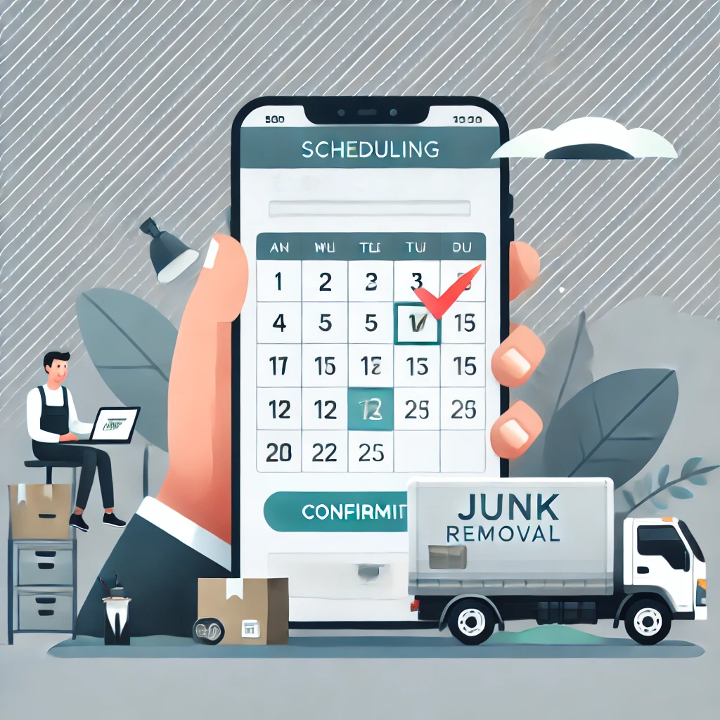 DALL·E 2024-12-17 14.53.59 - An illustration showing an easy scheduling process for a junk removal service. The image features a person using a mobile app or website on their phon DALL·E 2024-12-17 14.53.59 - An illustration showing an easy scheduling process for a junk removal service. The image features a person using a mobile app or website on their phon