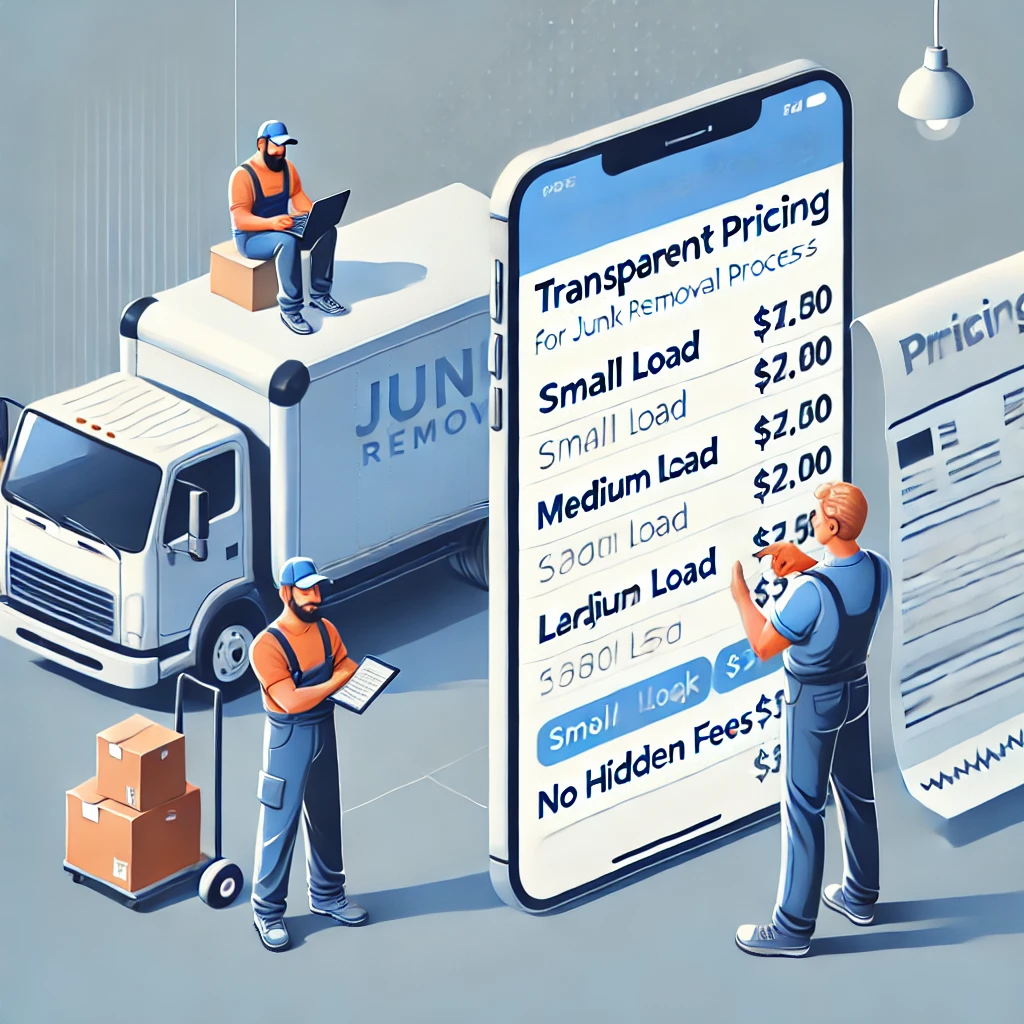 DALL·E 2024-12-17 15.01.57 - An illustration showing transparent pricing for a junk removal process. The image features a person using a mobile app or website on their phone or la DALL·E 2024-12-17 15.01.57 - An illustration showing transparent pricing for a junk removal process. The image features a person using a mobile app or website on their phone or la